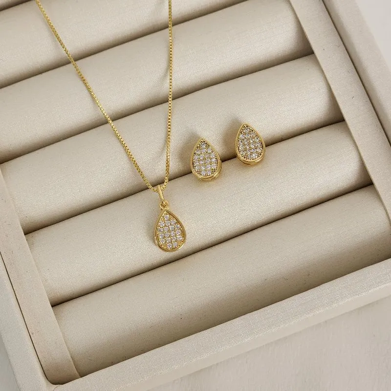 Conjunto Brinco Colar Gota Zircônia Cravejado banhado Ouro 18k
