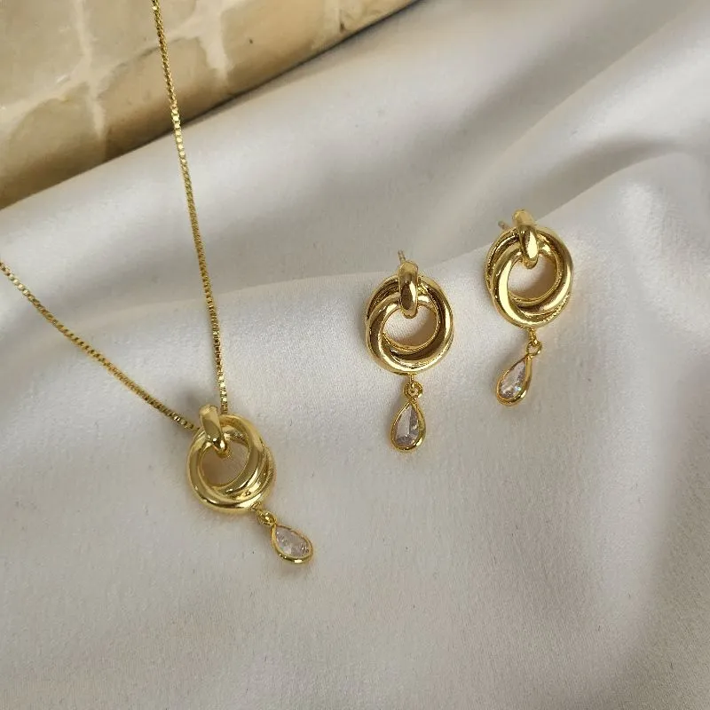 Conjunto Brinco Colar Pingente Redondo Zircônia banhado Ouro 18k