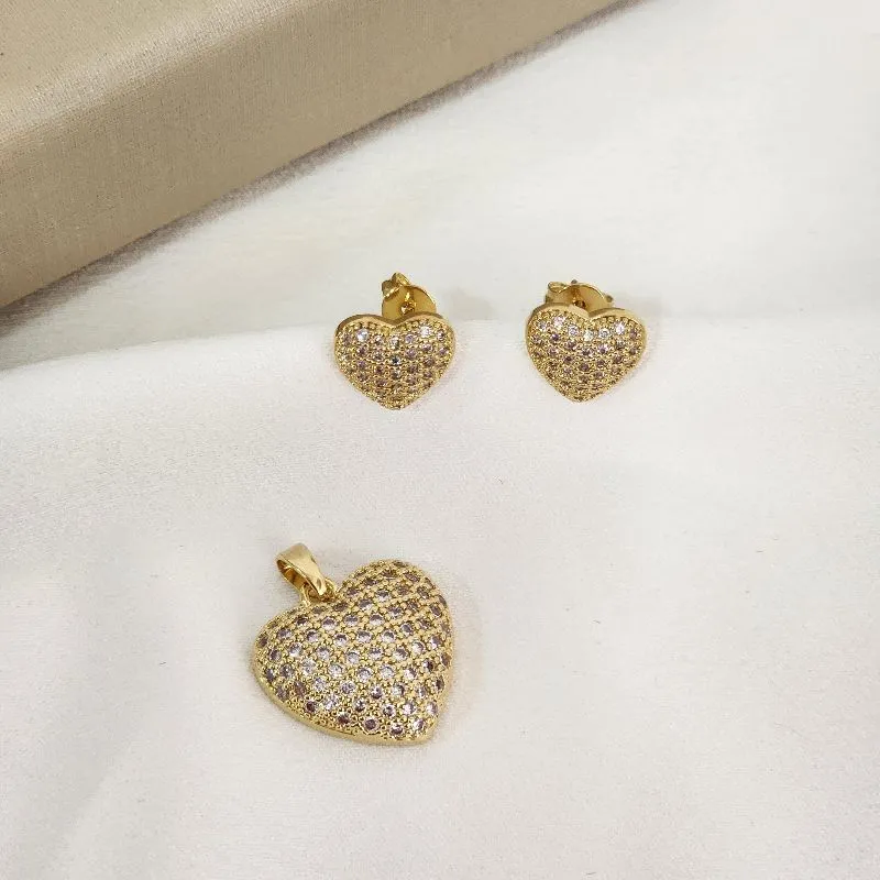 Conjunto Coração Cravejado banhado Ouro 18k