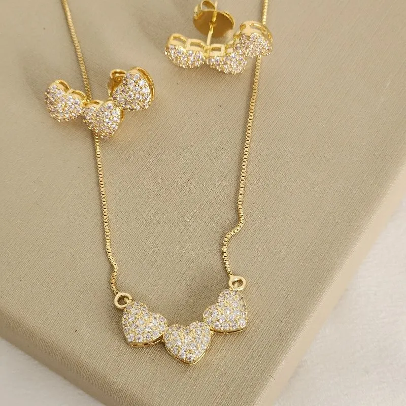 Conjunto Coração Triplo Zircônia Cravejada
