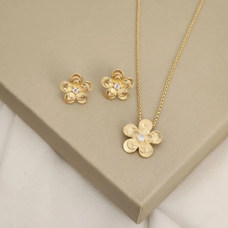 Conjunto Corrente Fina Flor Miolo Zircônia  banhado Ouro18k