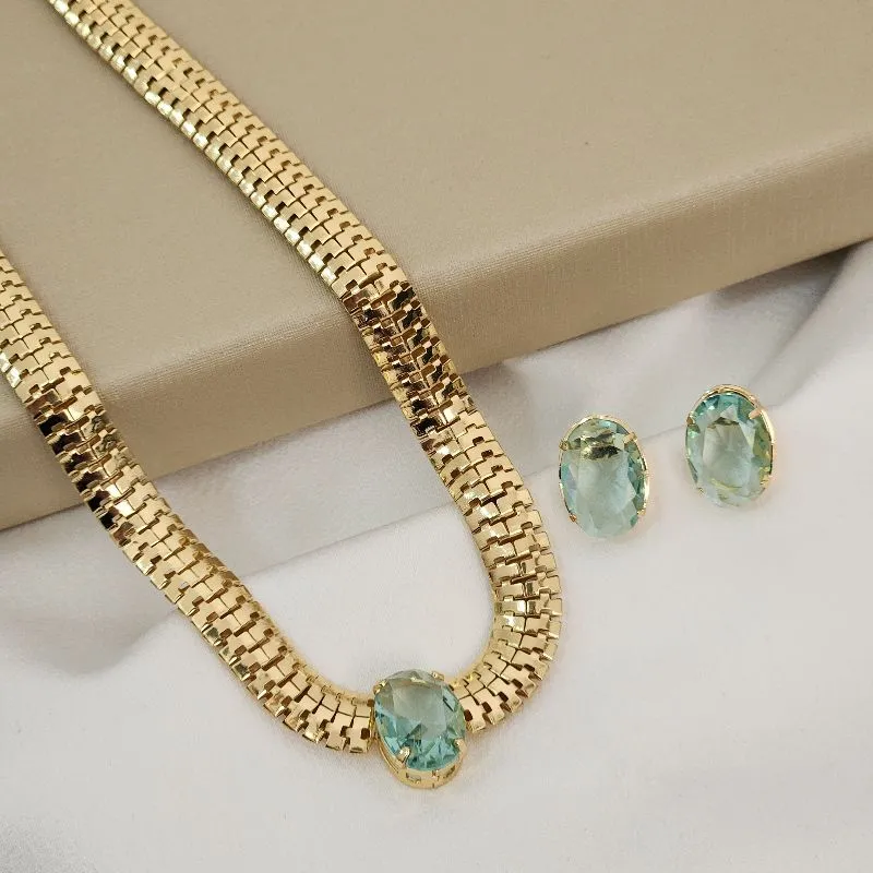 Conjunto Corrente Trabalhada Pedra Turmalina bannhado Ouro 18k