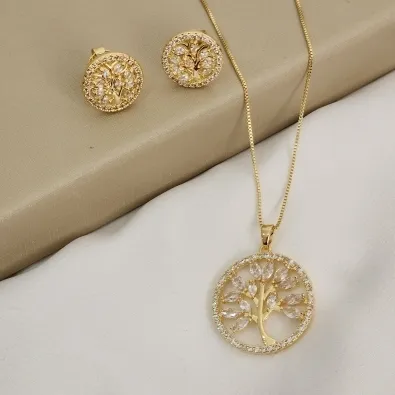 Conjunto delicado árvore da vida com zircônia - banhado Ouro 18k