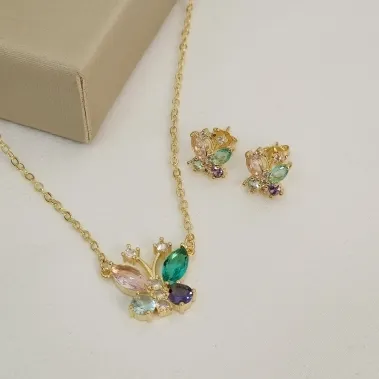 Conjunto delicado de borboletas com zircônia colorida - banhado Ouro 18k