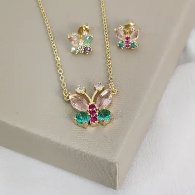 Conjunto delicado de borboletas com zircônia colorida - banhado Ouro 18k