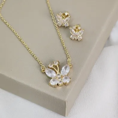 Conjunto delicado de borboletas com zircônia cristal - banhado Ouro 18k