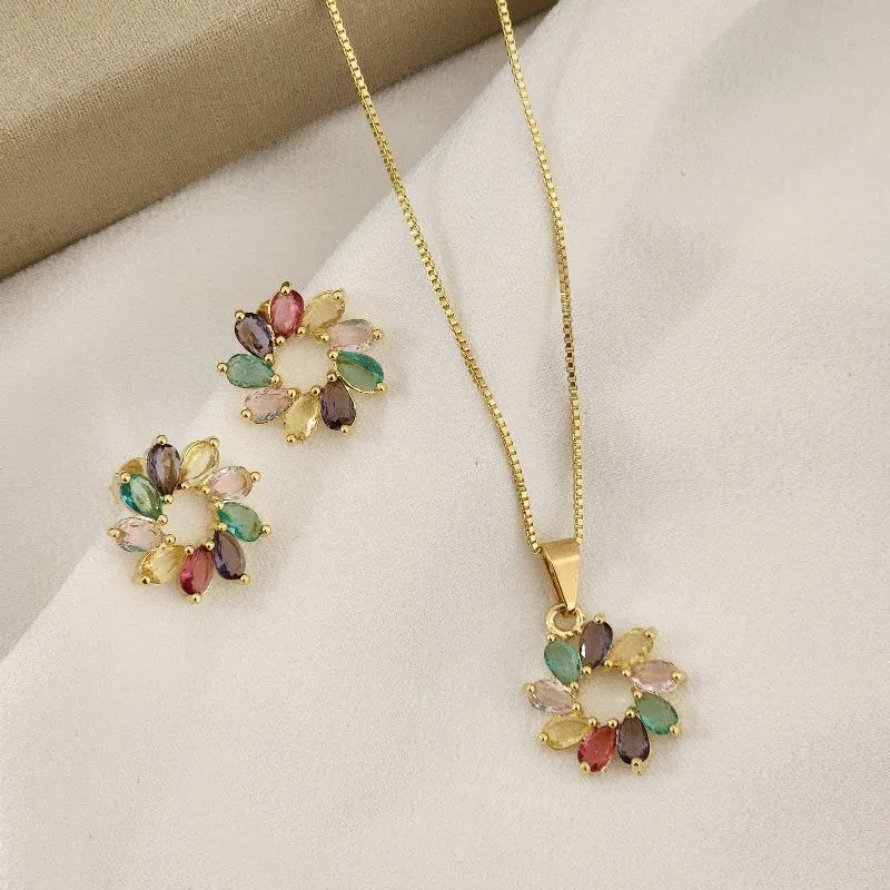 Conjunto Redondo Colorido  banhado Ouro 18k