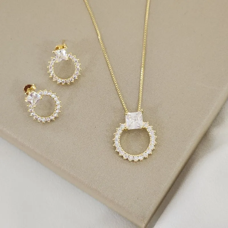 Conjunto Redondo Zircônia  banhado Ouro 18k