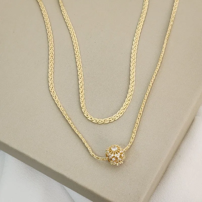 Mix Colar Corrente Trançada Pingente Redondo Zircônia banhado Ouro 18k