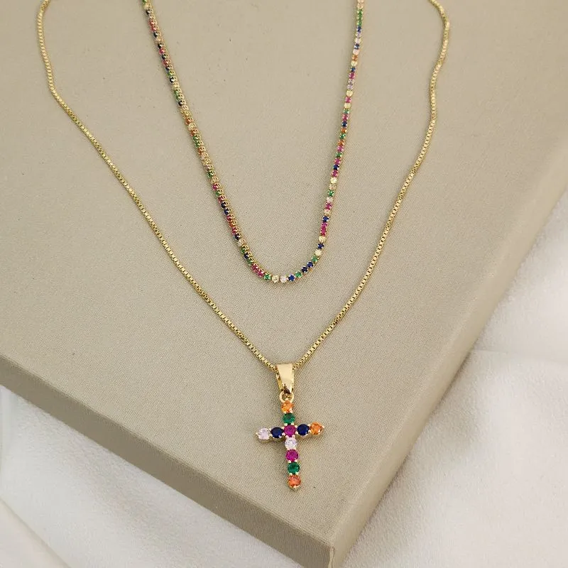 Mix Colar Riviera Colorida e Corrente Cruz banhado Ouro 18k