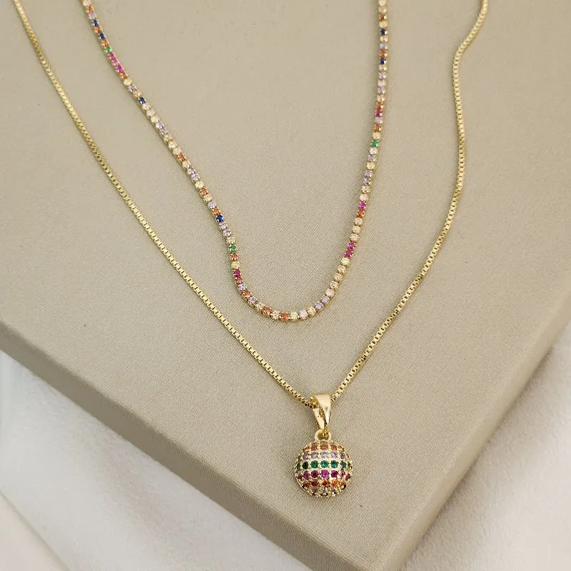 Mix Riviera Colorida Corrente Pingente Meia Esfera banhado Ouro 18k