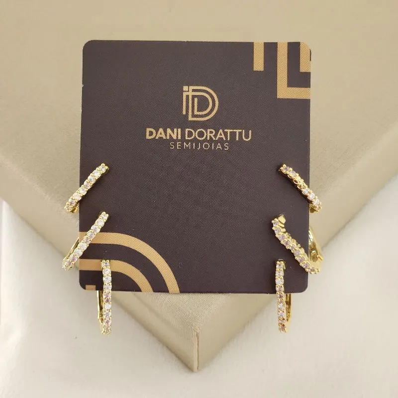 Trio Argola Zircônia Coração banhado Ouro 18k