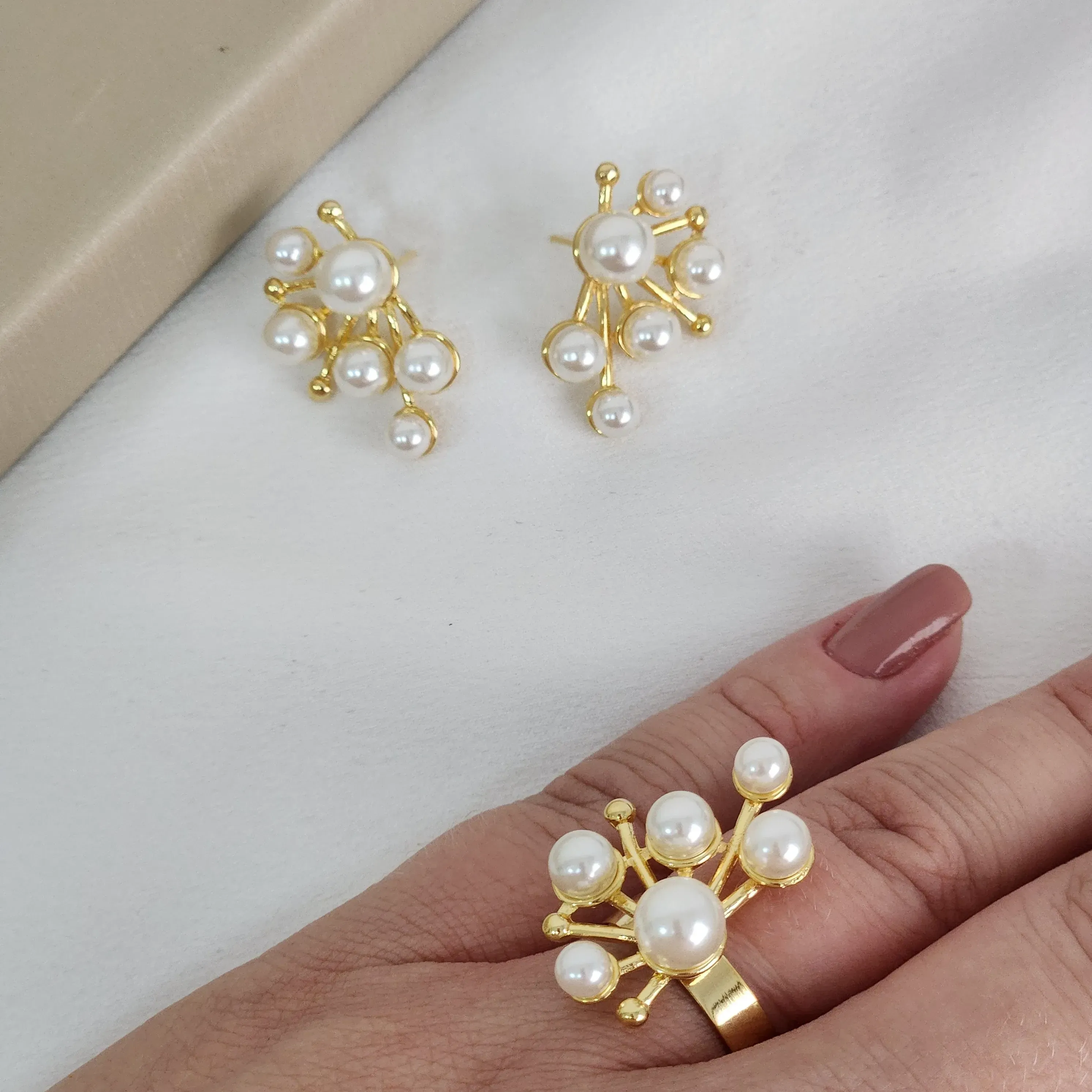 Conjunto Brinco Anel Pérola banhado Ouro 18k