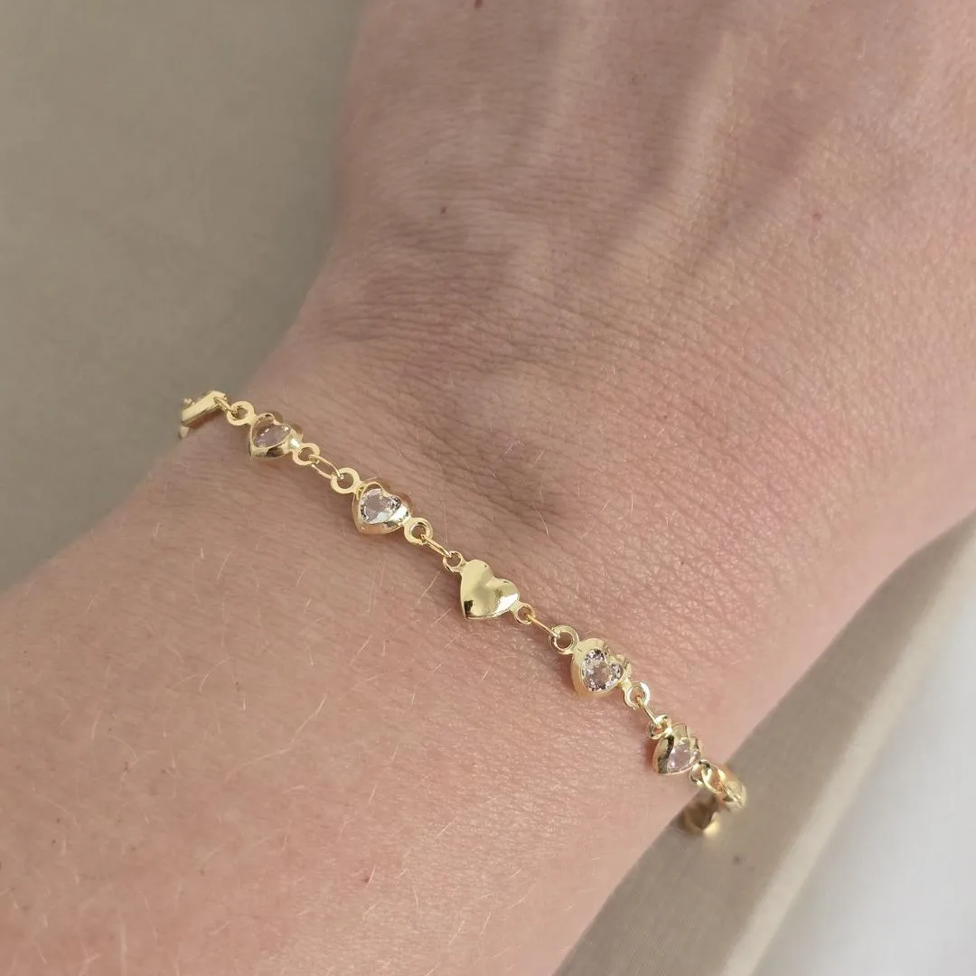 Pulseira Corações Lisos e de Zircônia