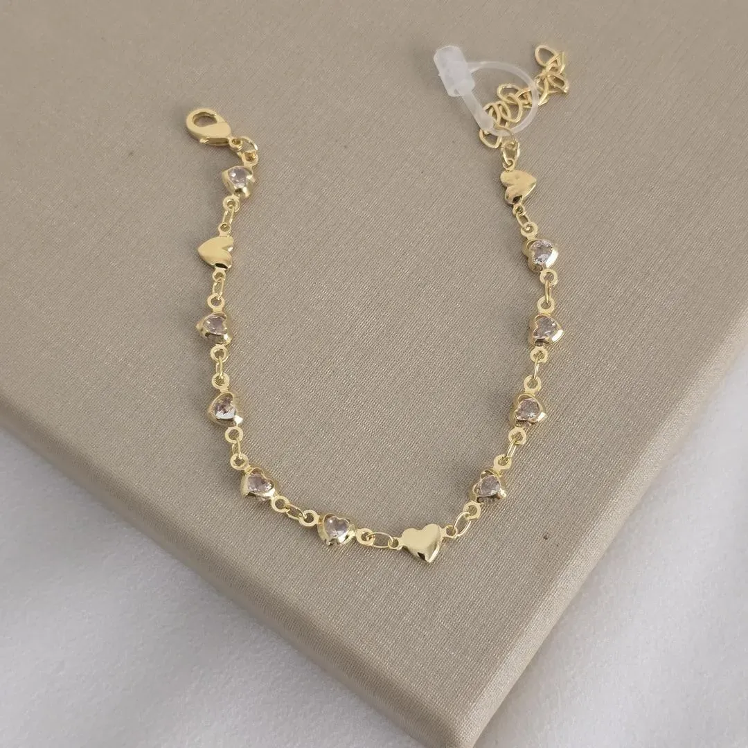 Pulseira Corações Lisos e de Zircônia