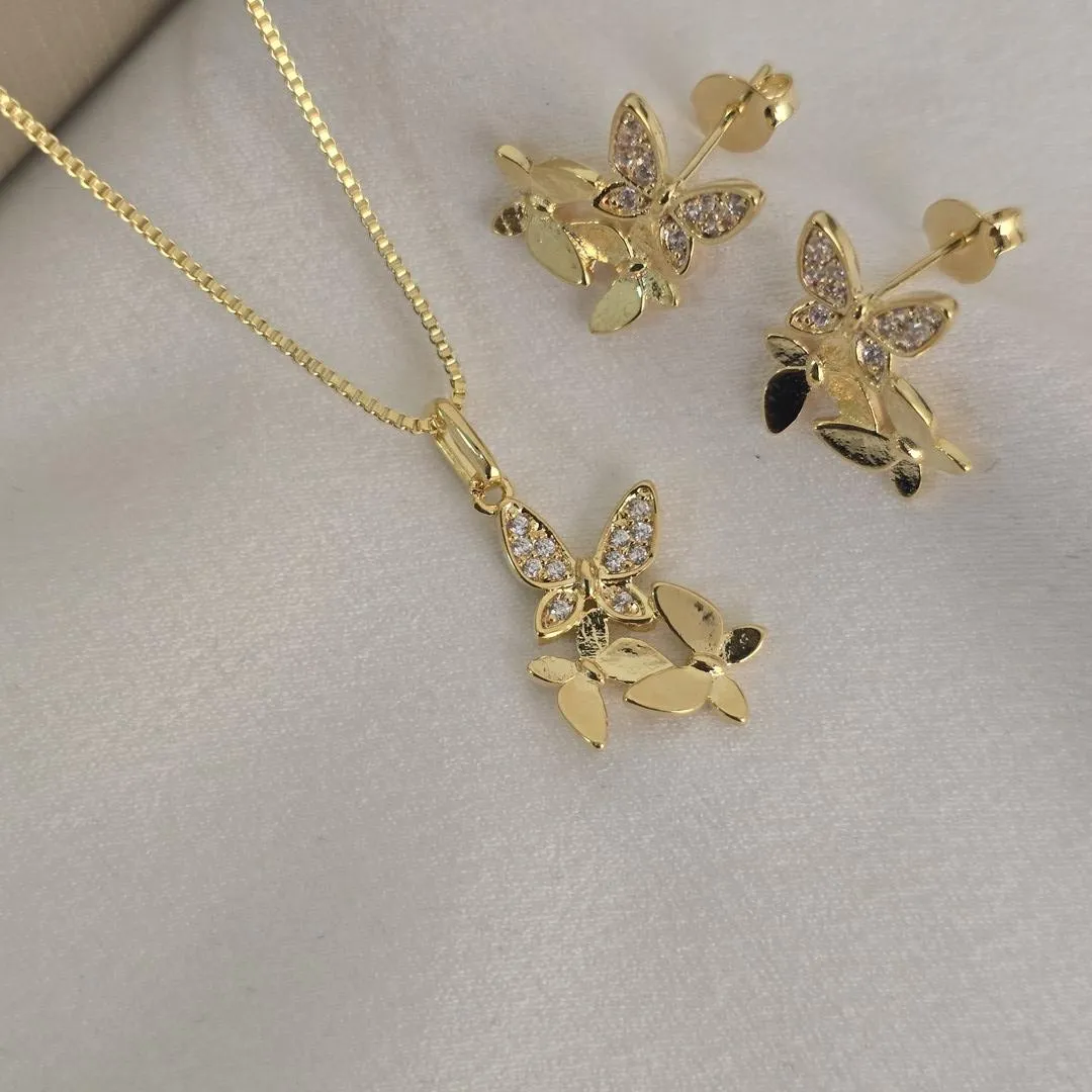 Conjunto Delicado Borboletas Lisas e Zircônia