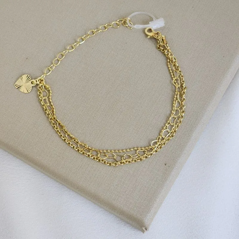 Pulseira Tripla Corações e Bolinhas Lisos