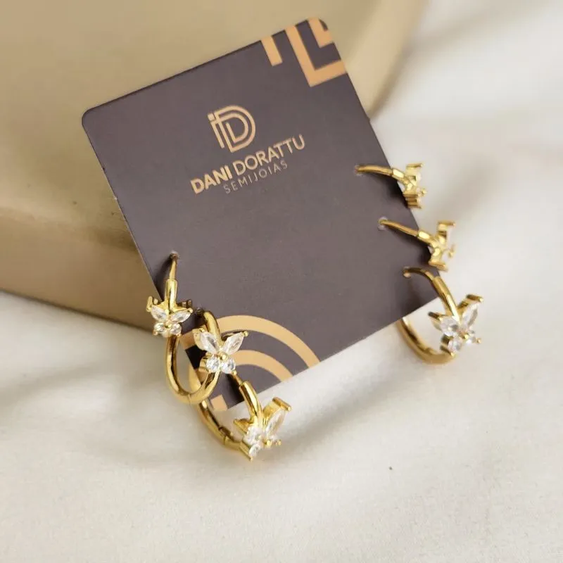 Trio de Argolas Borboletas Zircônia