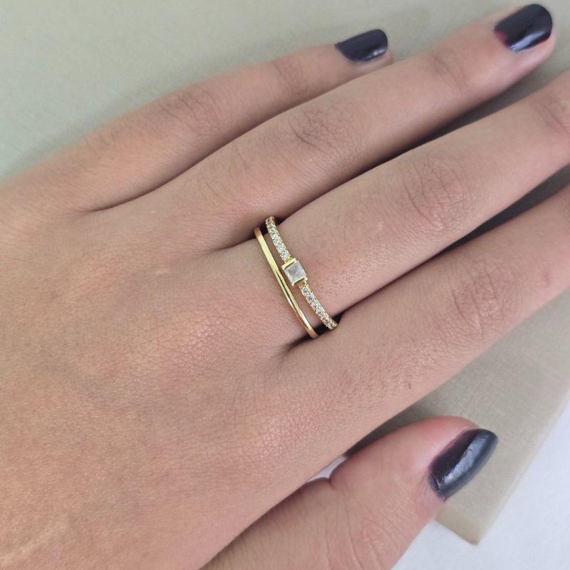 Anel Quadrado 2 Fios Pedra Cravejado Zirconia