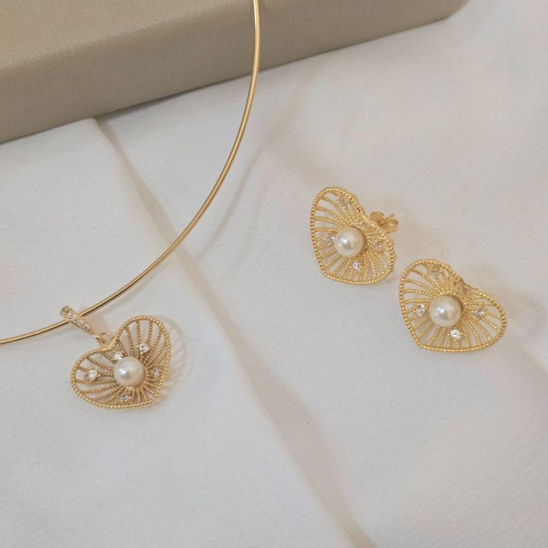 Conjunto Colar de Aro Coração Vazado